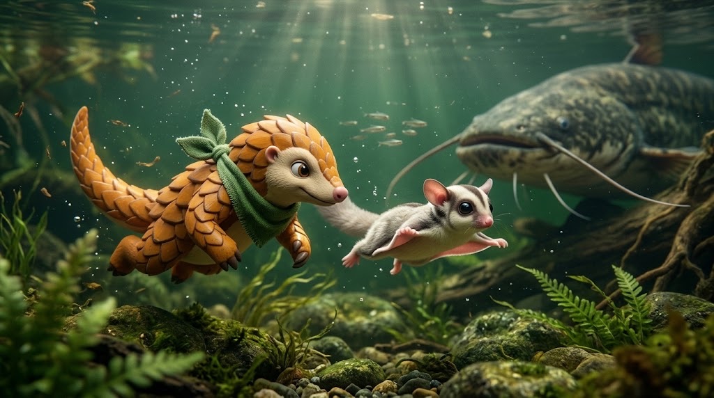Ambo and Mica swimming in a river