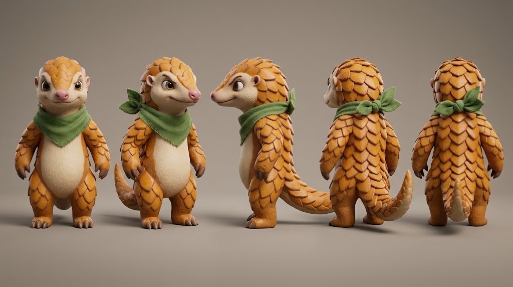 Ambo, a chubby orange pangolin with a green scarf