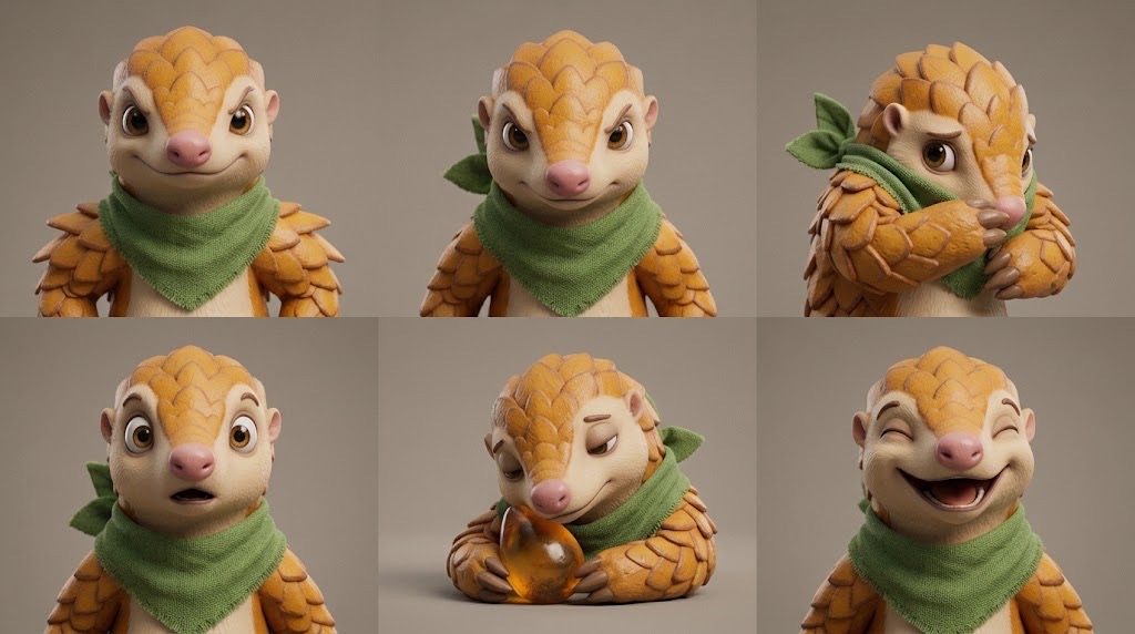 Ambo the pangolin, six expressions