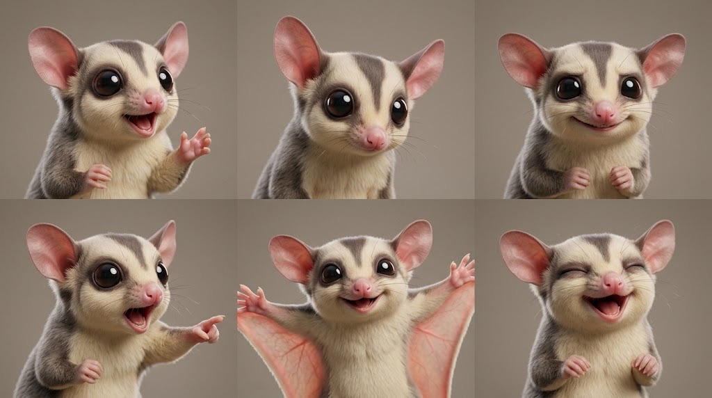 Mica the sugar glider, six expressions