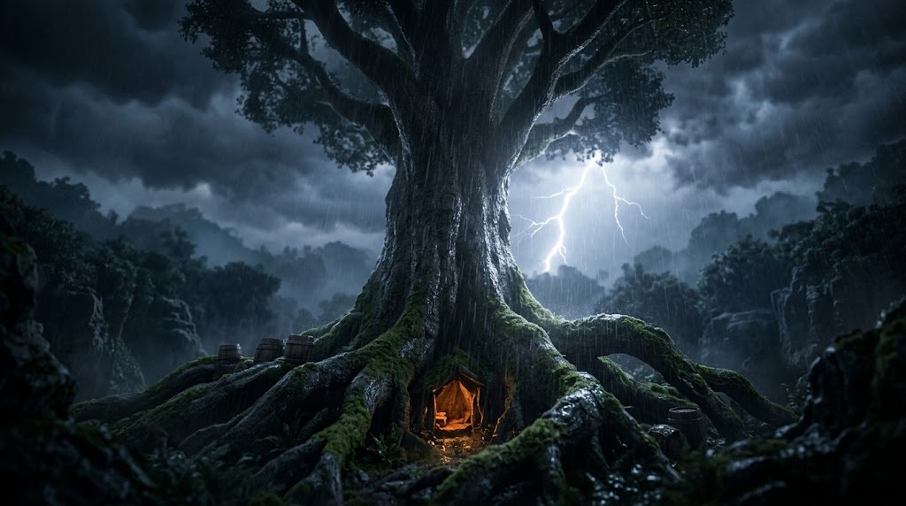 A giant tree trunk in a misty jungle, amber glowing in its bark