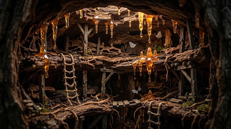 Caves of glowing amber inside the trunk