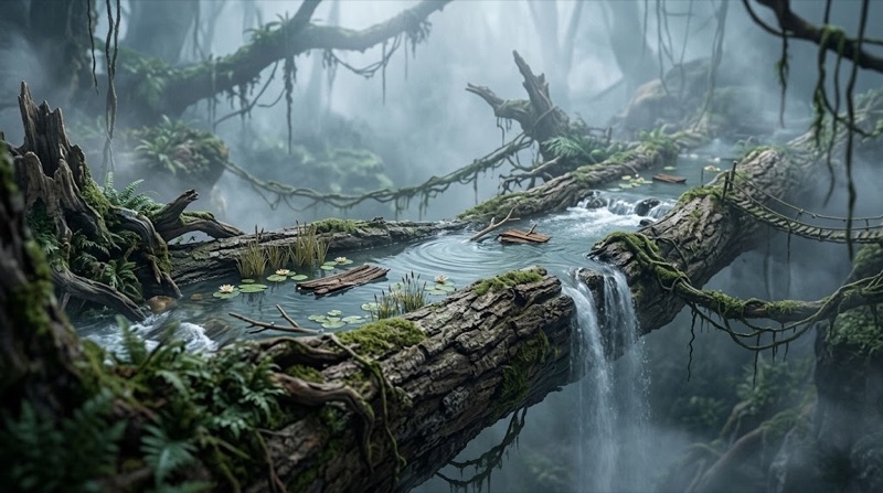 A misty river running along a huge branch