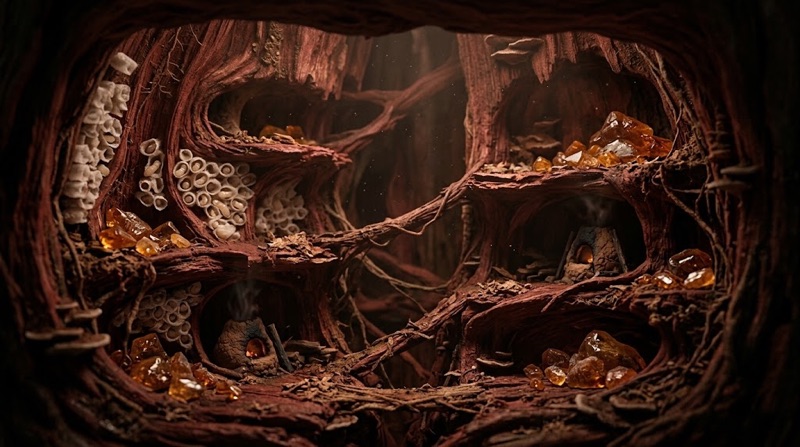 The red heart of the tree, full of termite cells and amber