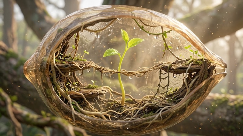 A sprout growing inside a giant translucent seed